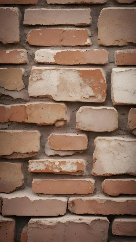 A vertical capture of a weathered brick surface in neutral tones, offering generous room for copy overlays. photo