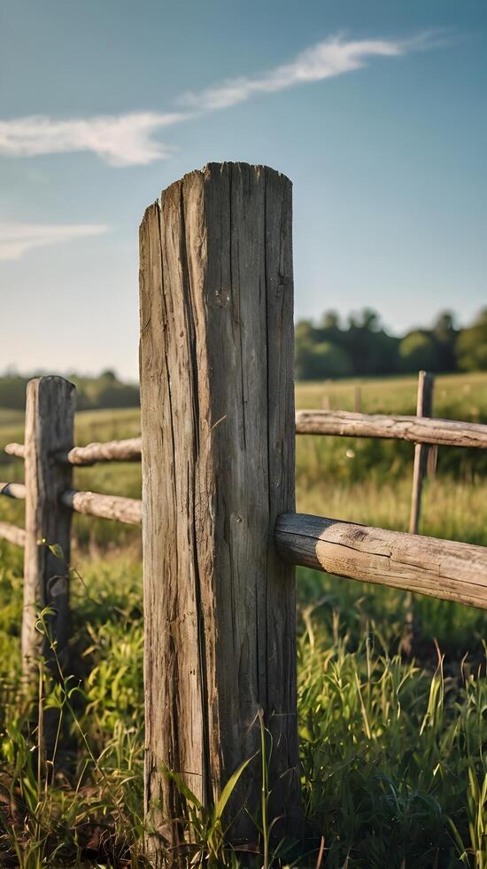 A vertical shot of aged wooden fence posts in a tranquil rural environment, with a blank sky or background for easy text placement. photo
