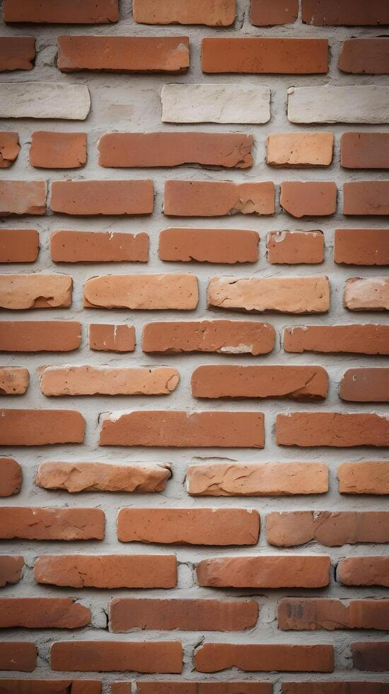 A high-detail vertical shot of a weathered brick wall with muted tones and plenty of negative space for copy. photo