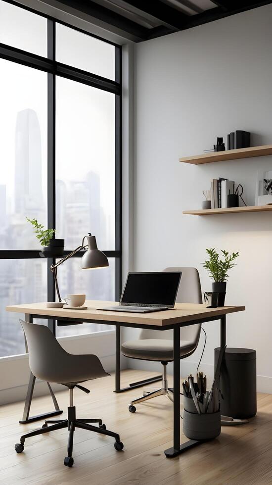 A contemporary office setup with a laptop, minimalist design elements, and a clean desk with subtle textures, leaving ample white space for text. photo
