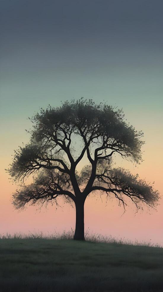 a simple yet beautiful minimalist scene featuring a single tree silhouette against a gradient sky, using soft pastels with lots of open space for text. photo