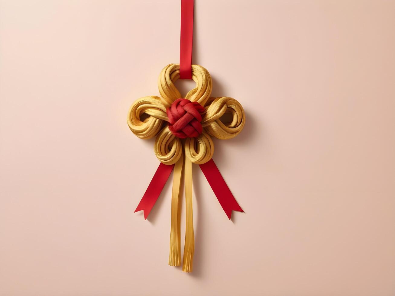 A minimalist illustration of a red ribbon tied in a golden Chinese knot, gently placed on a light, smooth background, with space for text. photo