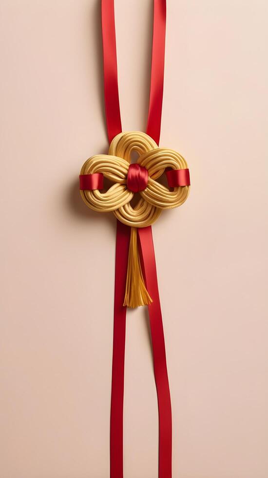 A subtle illustration of a red ribbon tied into a golden Chinese knot, set against a soft, light background, with plenty of space for text. photo