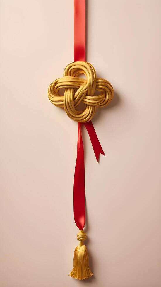 A clean illustration of a red ribbon tying a golden Chinese knot, set on a gentle, light-colored background, providing space for text. photo