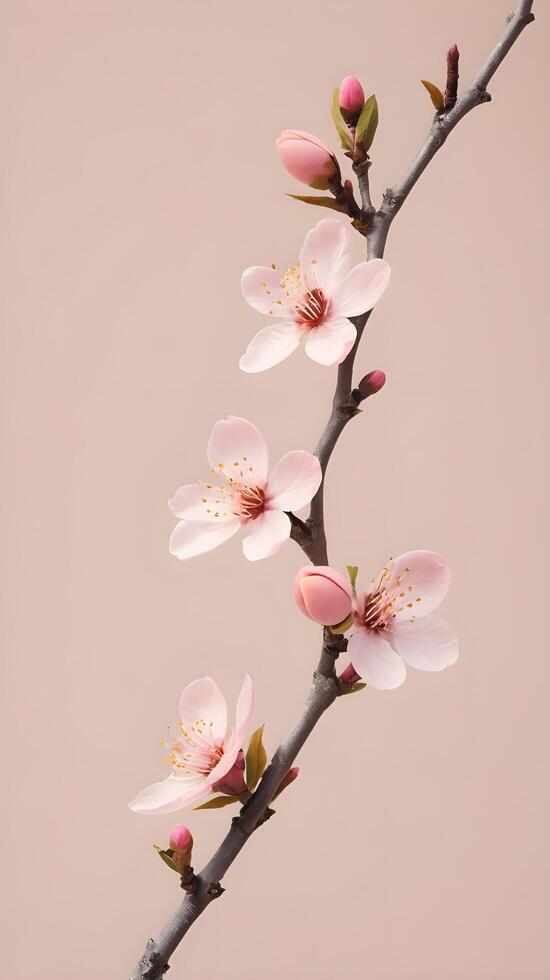 A minimalist illustration of a peach blossom branch with tender pink flowers, set on a muted pastel backdrop, leaving room for a text message at the top. photo