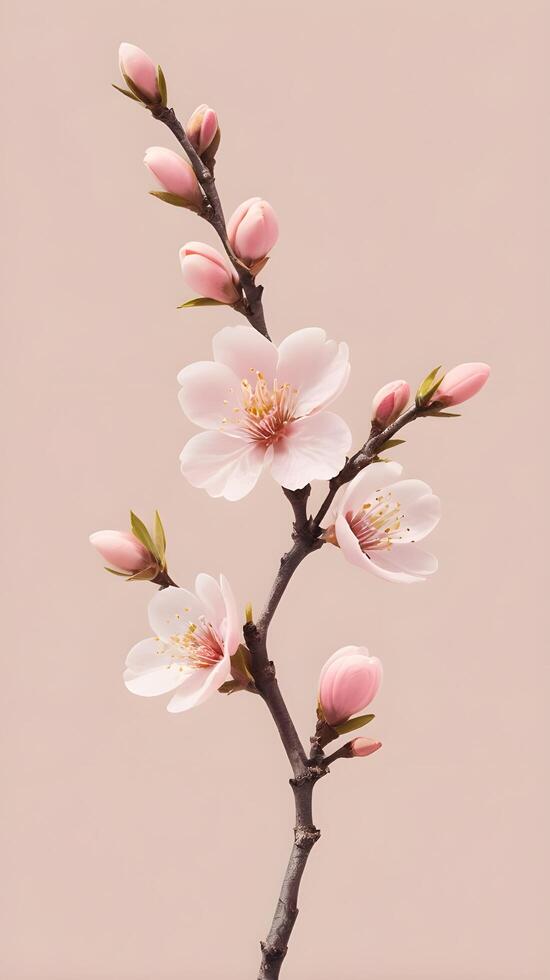 A tranquil scene featuring a peach blossom branch with soft pink flowers, gently positioned on a pastel background, with ample space for a greeting at the top. photo