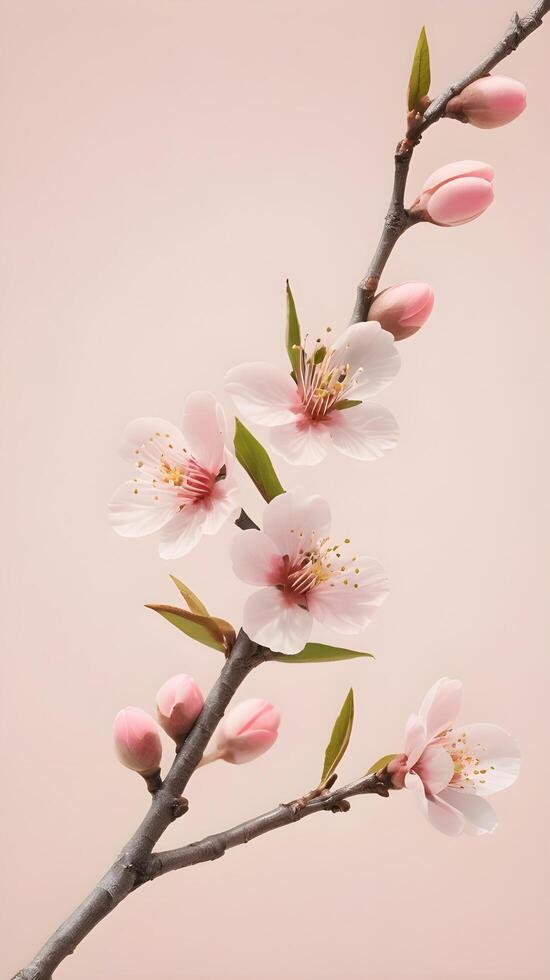 A peaceful illustration of a peach blossom branch with soft pink flowers, placed against a gentle pastel background, with space above for a message. photo