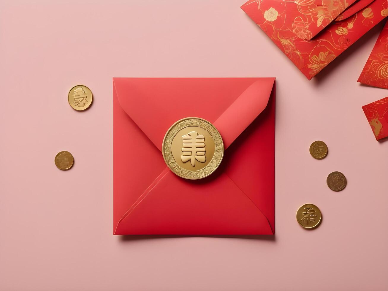 A quiet, balanced design with a red envelope hongbao and a gold coin on a plain background, providing ample room for a greeting or message. photo