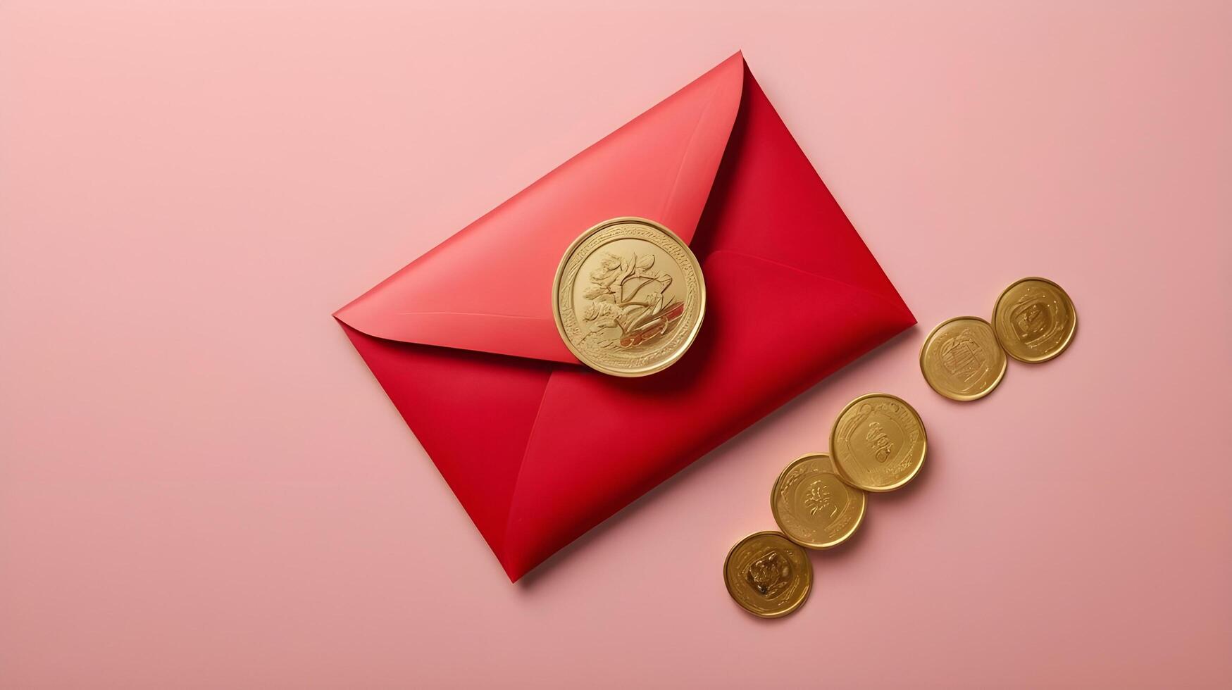 A minimalist composition featuring a red envelope hongbao and a gold coin on a smooth surface, with plenty of empty space for text. photo