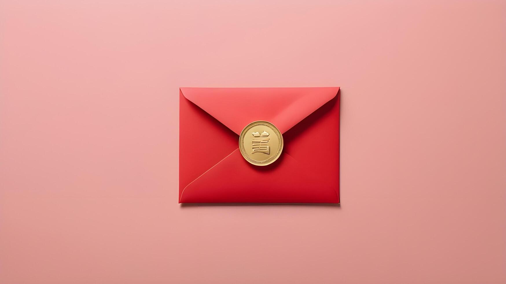A simple yet striking arrangement of a red envelope hongbao with a gold coin on a smooth background, with ample space for adding a message. photo