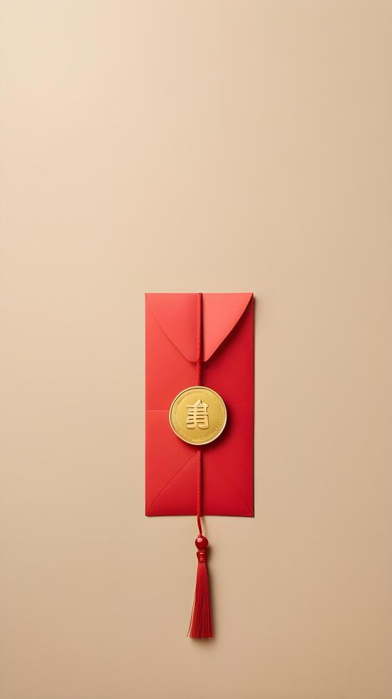 A serene layout with a red envelope hongbao and a gold coin, set on a smooth, uncluttered background, offering plenty of open space for text. photo