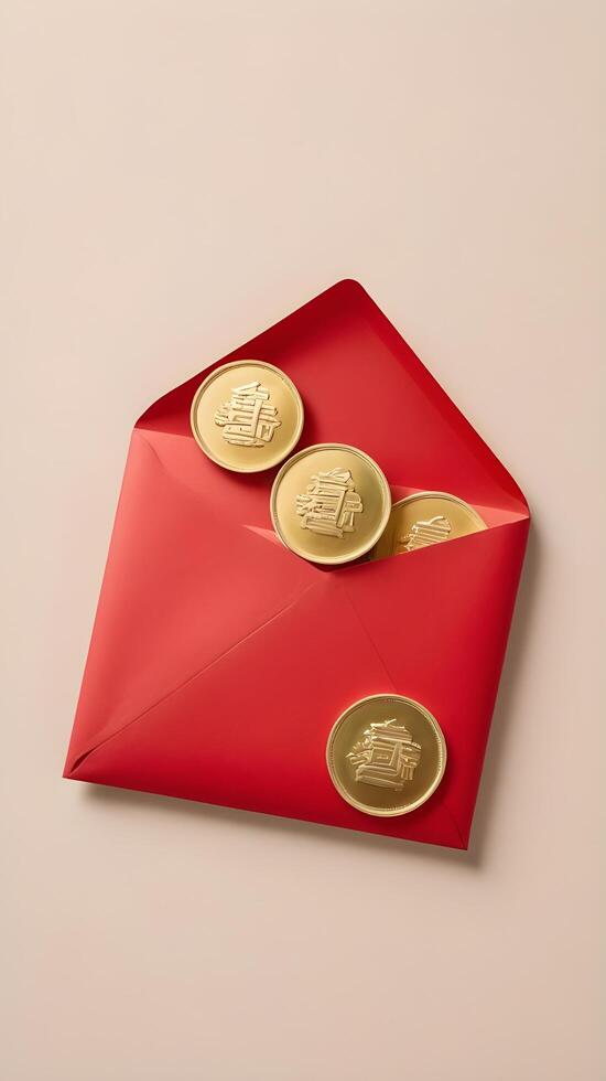 A clean and elegant composition featuring a red envelope hongbao and a gold coin on a simple background, leaving room for a message. photo