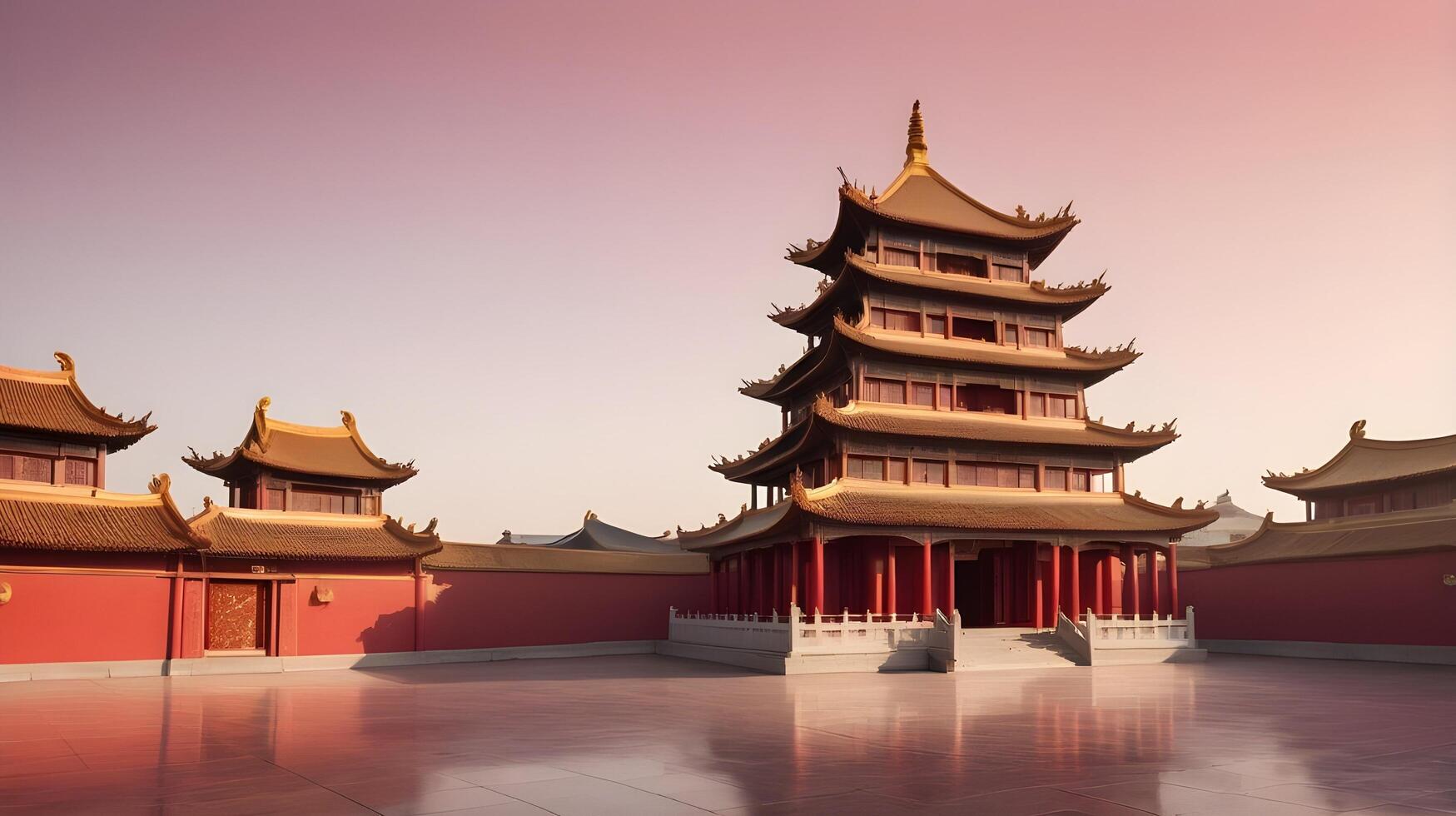 A peaceful silhouette of a Chinese temple with a gentle red and gold gradient sky in the background, leaving room for text in the foreground. photo