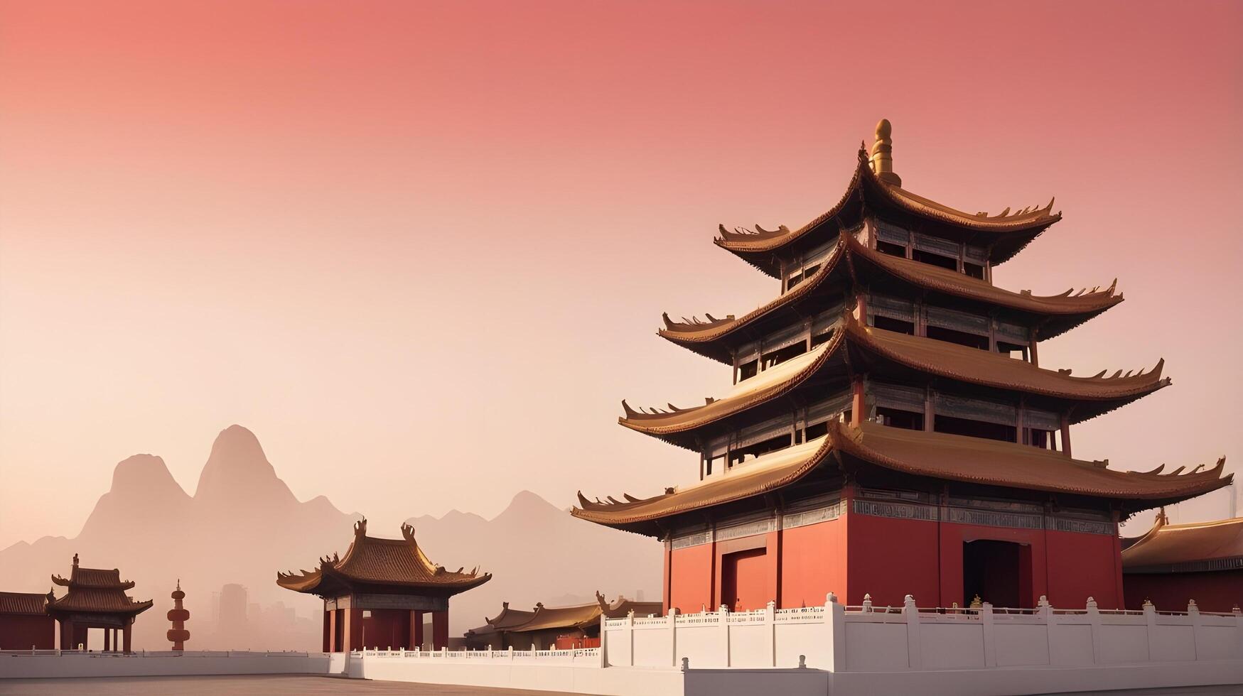 A quiet silhouette of a Chinese temple against a gradient sky of soft red and gold, with space at the bottom for text. photo