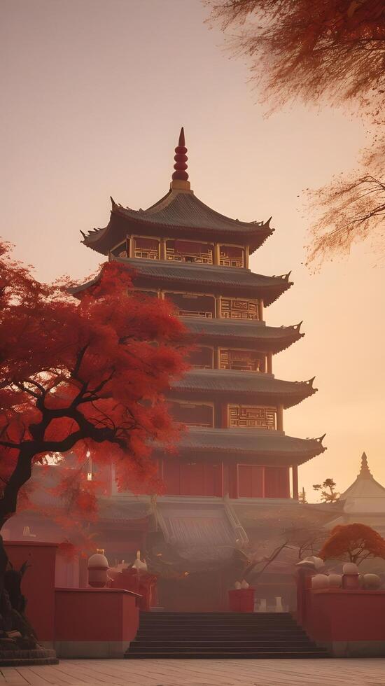 A calm, peaceful Chinese temple silhouette with a soft gradient sky of red and gold, providing space for text at the front. photo