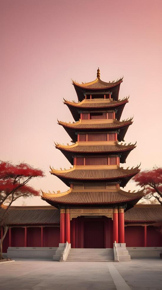 A tranquil Chinese temple silhouette against a gradient sky with soft red and gold tones, offering space for text placement in the foreground. photo