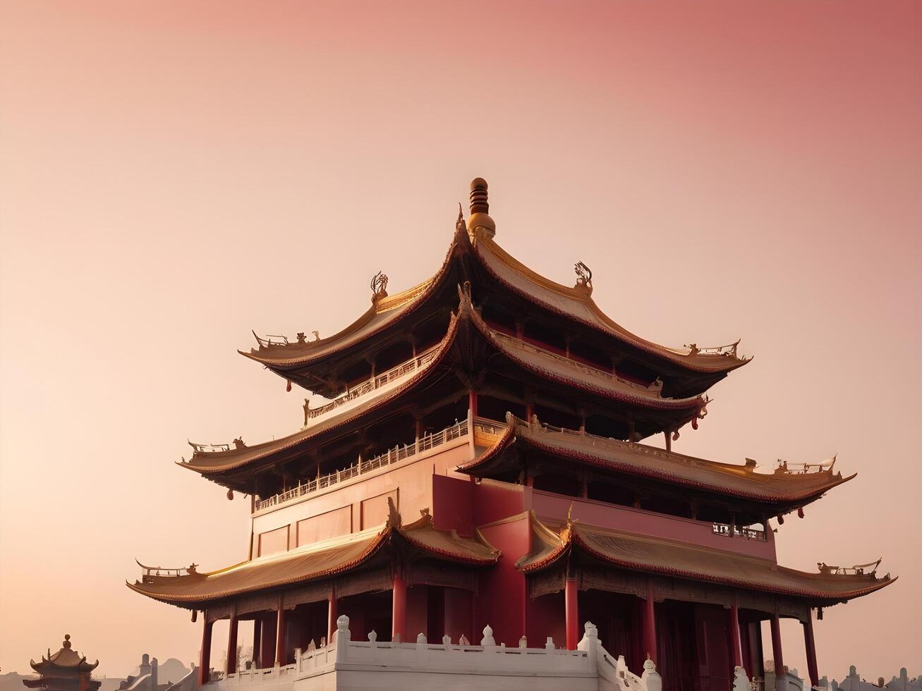 A peaceful silhouette of a Chinese temple with a soft gradient sky in red and gold, leaving an open space for text at the bottom. photo