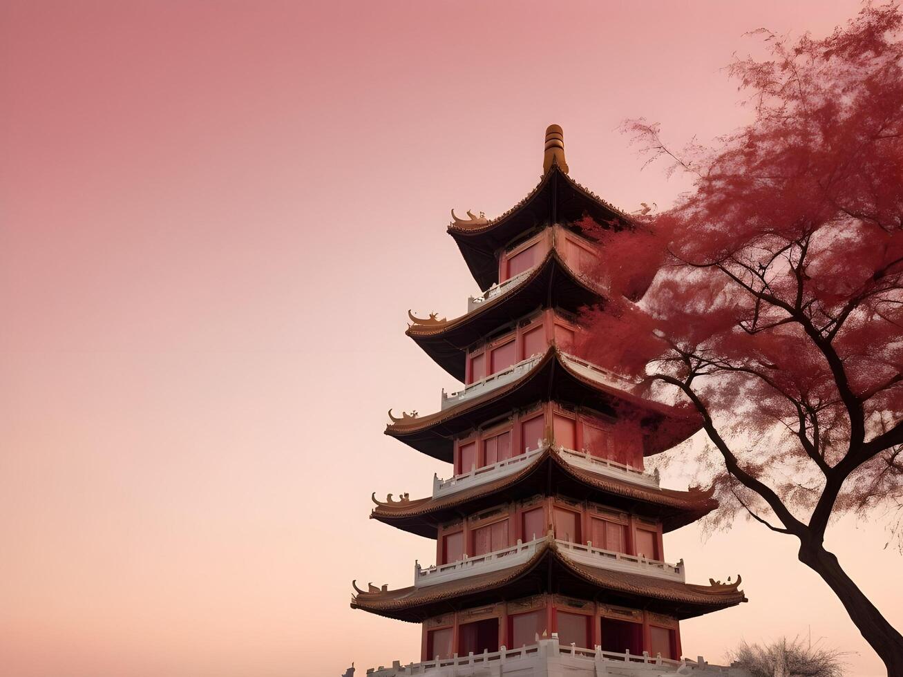 a peaceful silhouette of a Chinese temple against a soft, gradient sky, with gentle tones of red and gold. Leave enough space in the foreground for text. photo