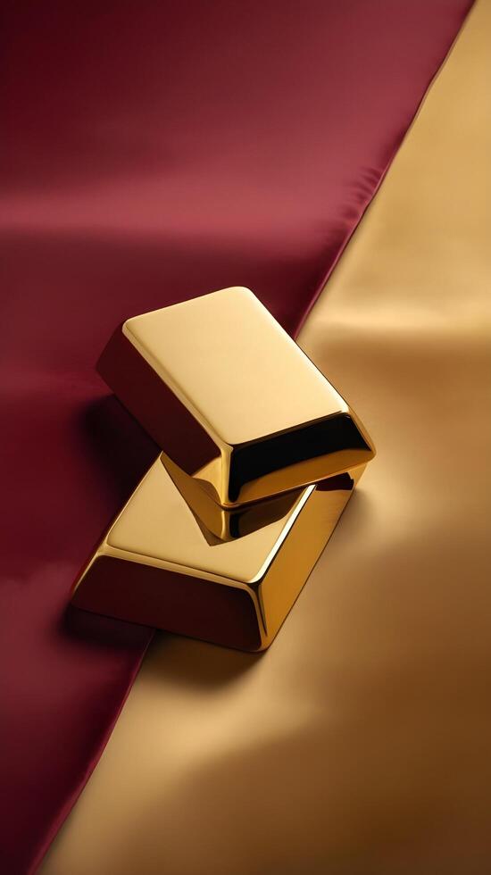 A simple yet elegant composition of a gold ingot resting softly on a velvet surface, with warm gold and red tones in the background, leaving space for messaging. photo