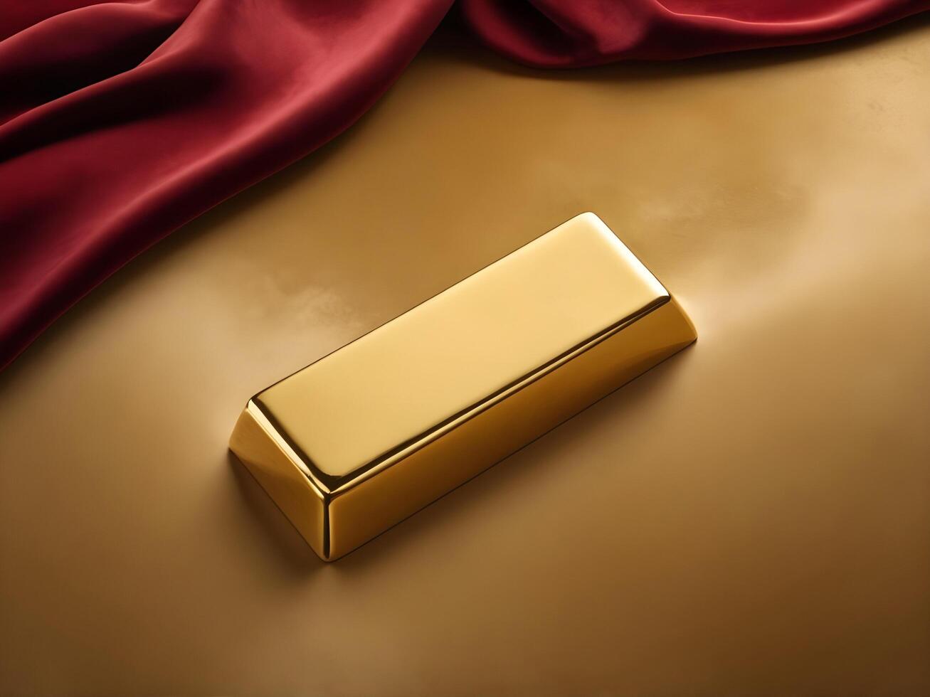 A serene arrangement featuring a single gold ingot resting gently on a velvet surface in luxurious gold and deep red hues, with plenty of room for text or branding. photo