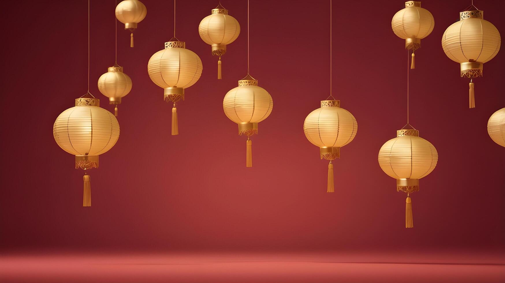 an abstract, minimalist pattern of floating golden lanterns with soft gradients, and a muted red background, allowing space for text. photo