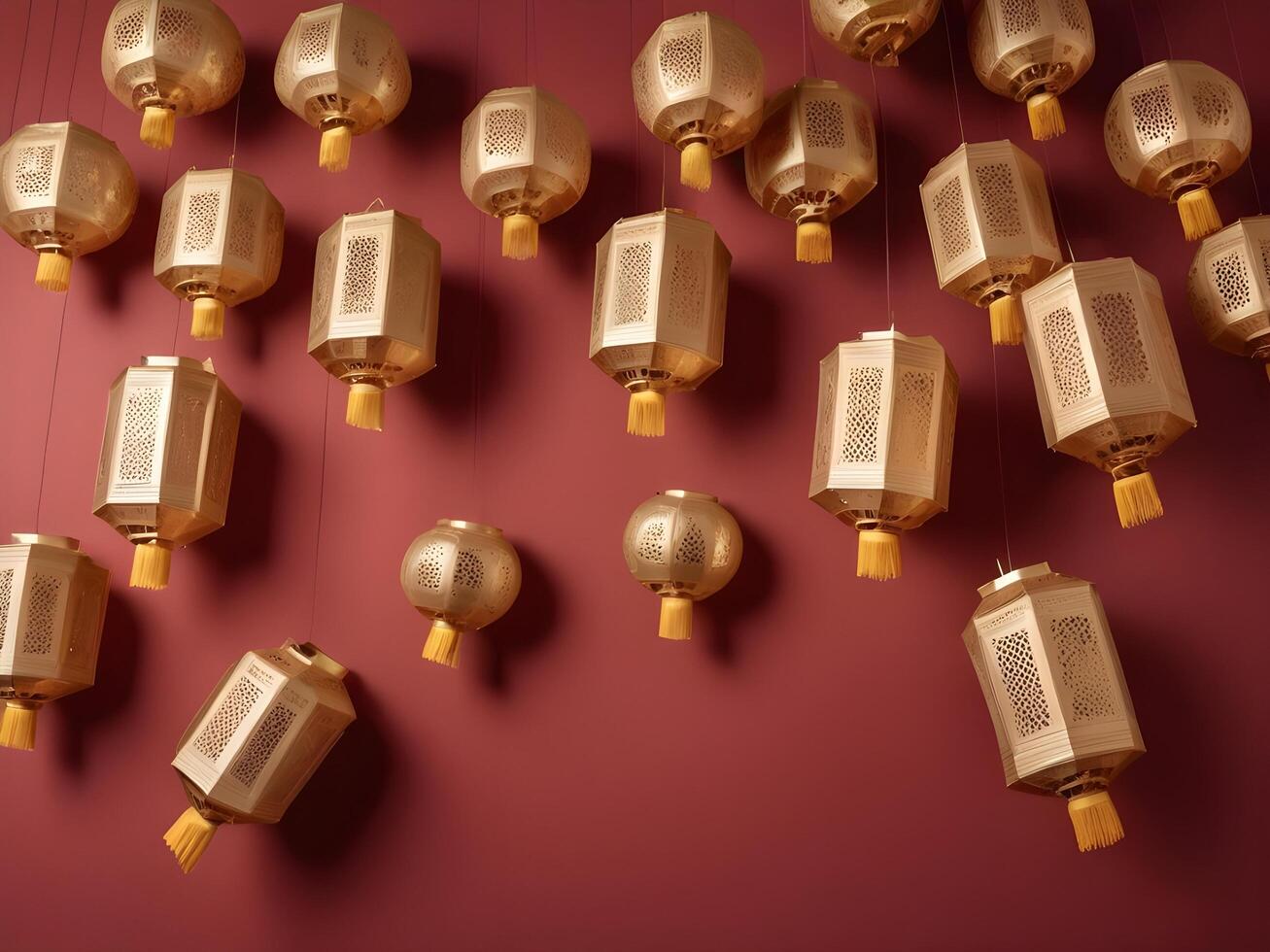 A simple abstract composition of floating golden lanterns with soft gradients, set against a red background, leaving space for text. photo