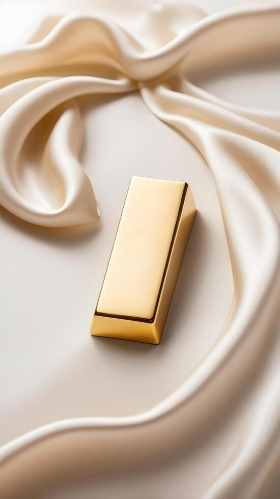 A solitary gold ingot is placed on a serene white silk surface, softly lit to create a tranquil ambiance, with space for text. photo
