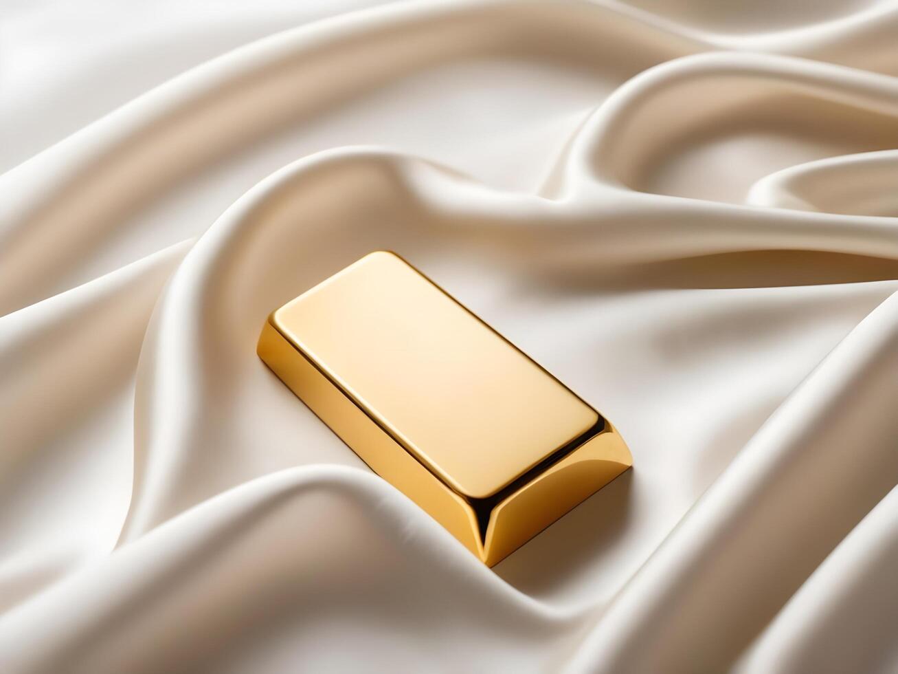 A single gold ingot rests gently on a white silk surface, bathed in soft light, with a calming atmosphere and space for text. photo