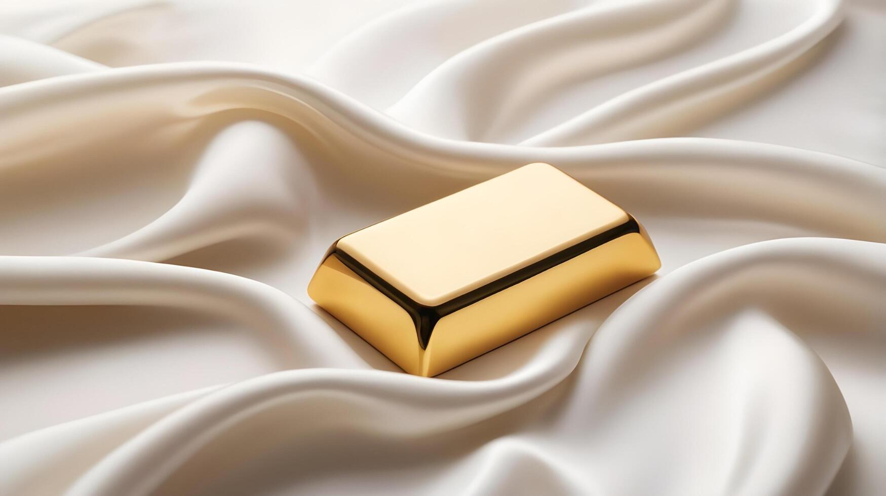 A gold ingot is elegantly placed on a white silk surface, bathed in soft light, providing a serene atmosphere and space for text. photo