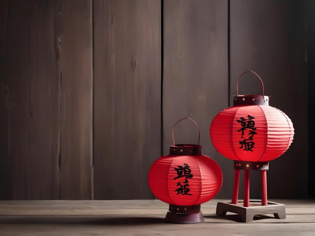 Two or three red lanterns are set on a weathered wood surface, with ample space behind them for adding festive text or logos. photo