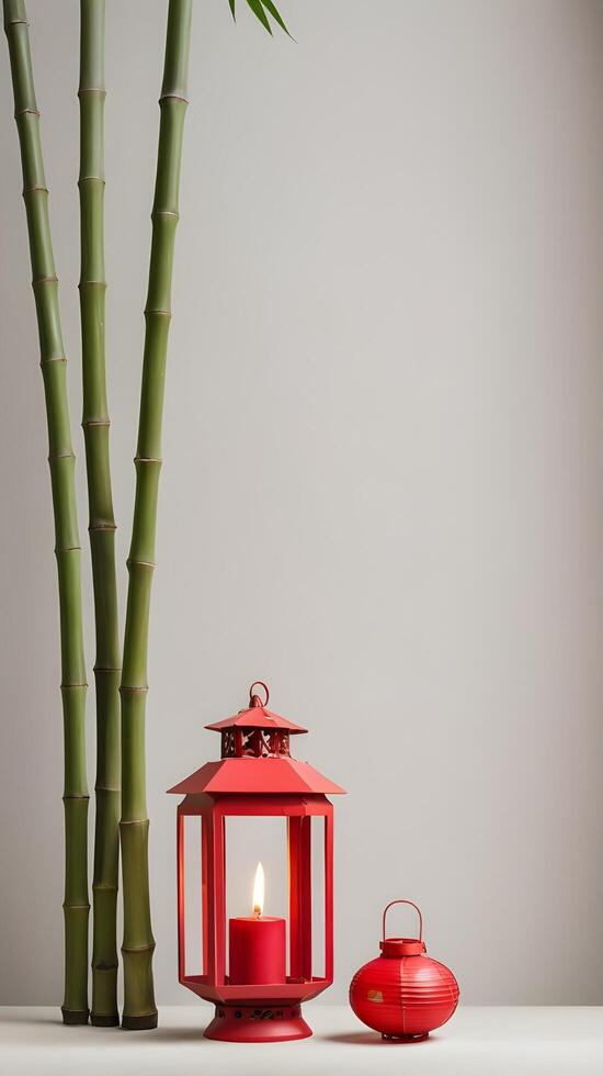 A quiet design with bamboo stalks and a lone red lantern, complemented by a neutral background, allowing for space to add a greeting or message. photo