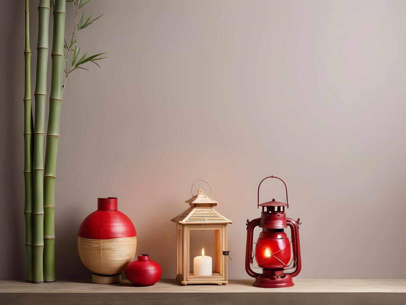 A quiet, elegant design featuring a few bamboo stalks and a single red lantern, with a muted, neutral background. Leave room for a greeting or brand message. photo