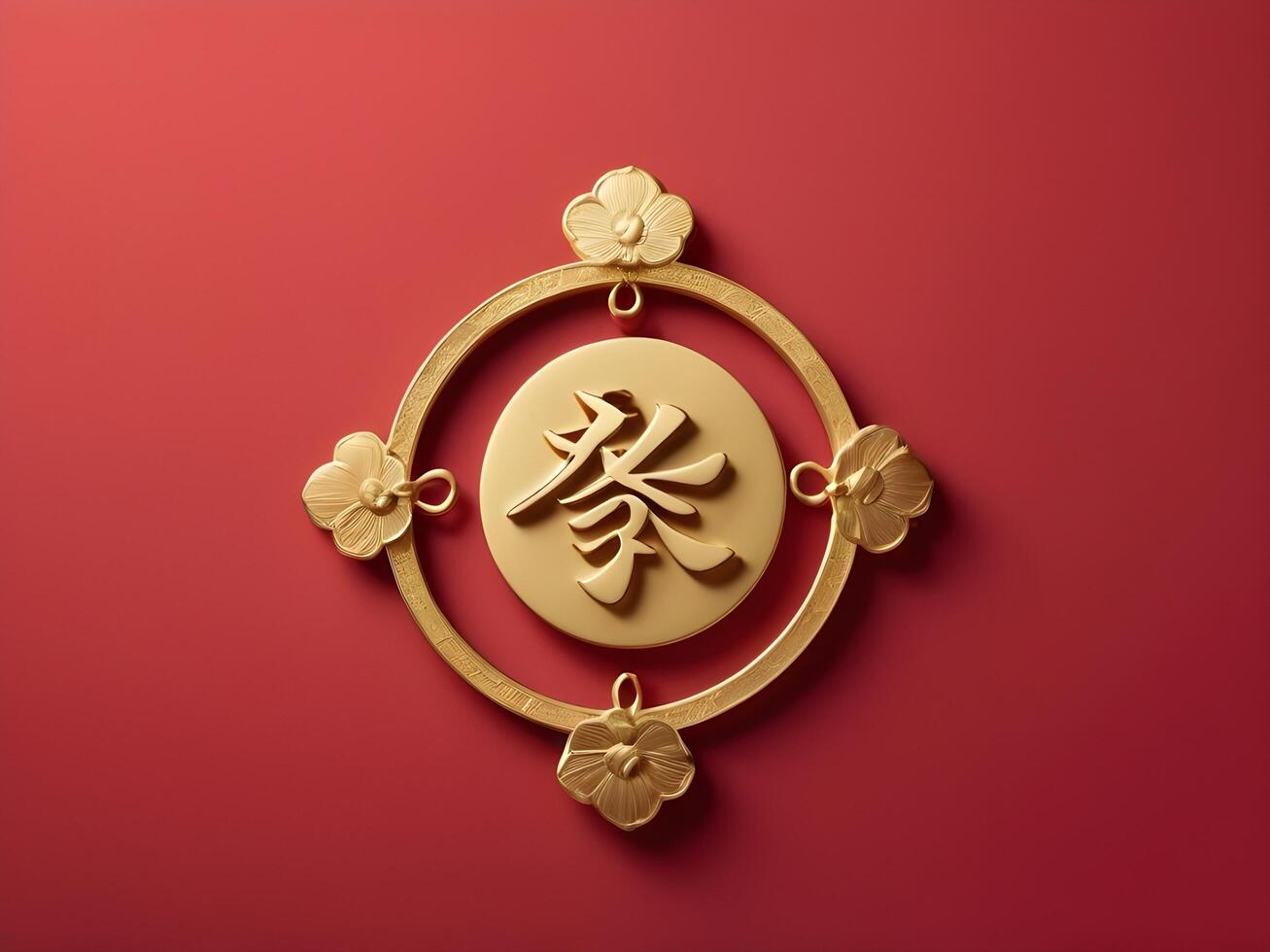 A gold longevity symbol on a rich red background with ample space for text, evoking simplicity and elegance. photo