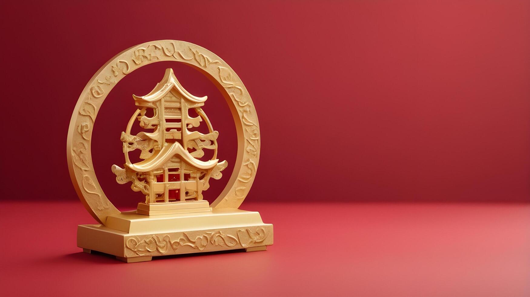 The gold longevity symbol, placed softly on a red background, allows for text placement, embodying elegance and tranquility. photo