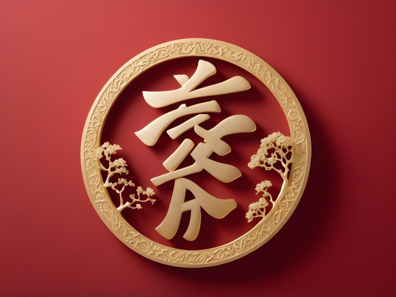 A delicate gold symbol of longevity on a subtle red background, with ample space for adding text in a calm and refined setting. photo