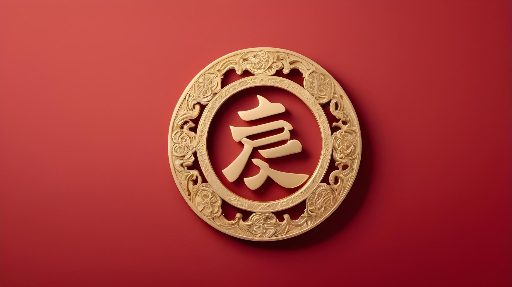 A gold longevity character sits gently on a red backdrop, leaving room for text, offering a peaceful and minimalist aesthetic. photo