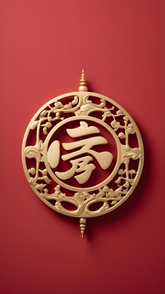 A gold longevity symbol rests on a soft red background, with space for text, creating an elegant and serene design. photo