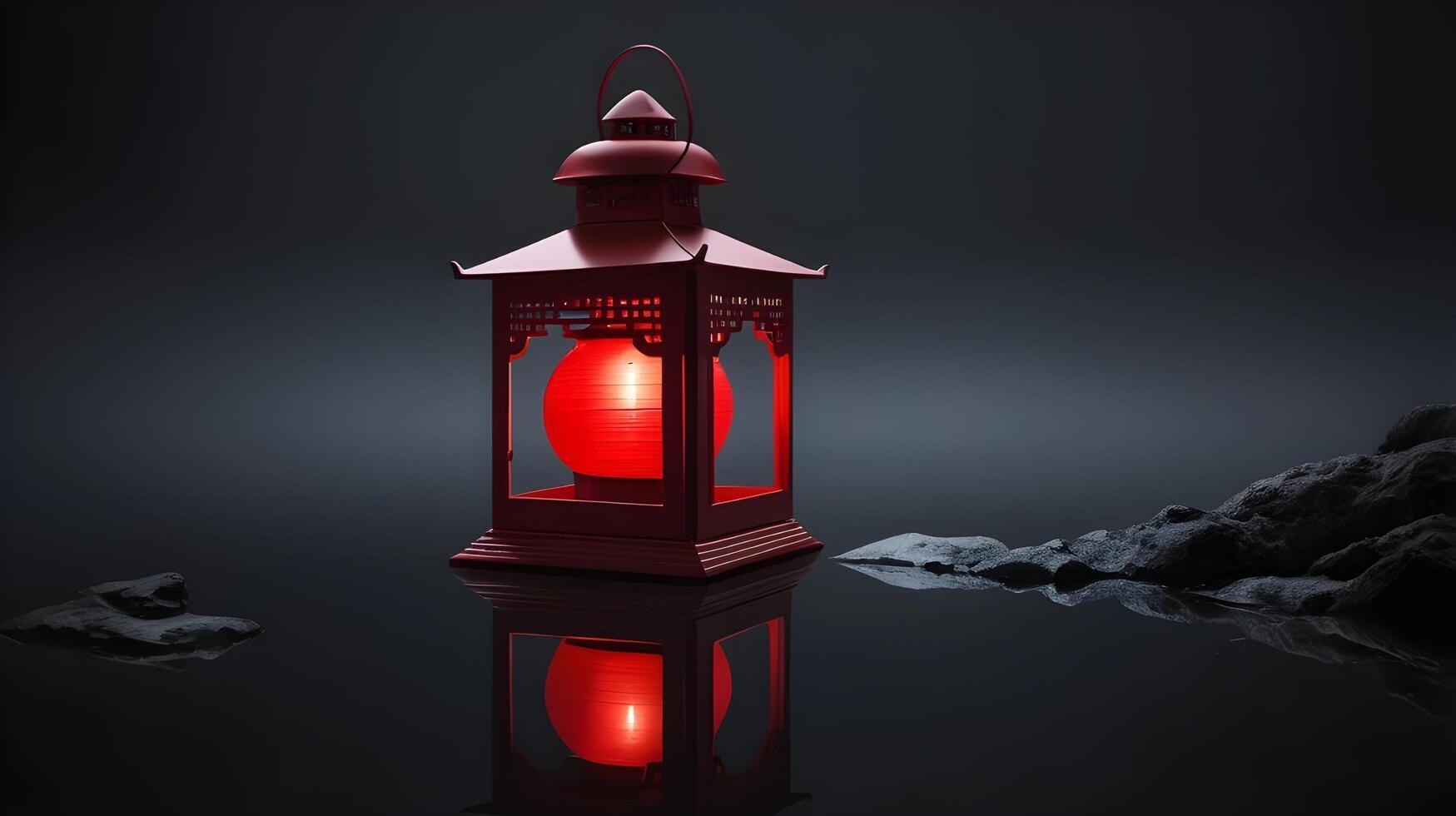A peaceful red lantern's reflection on a smooth, dark surface, with room for text either above or below. photo