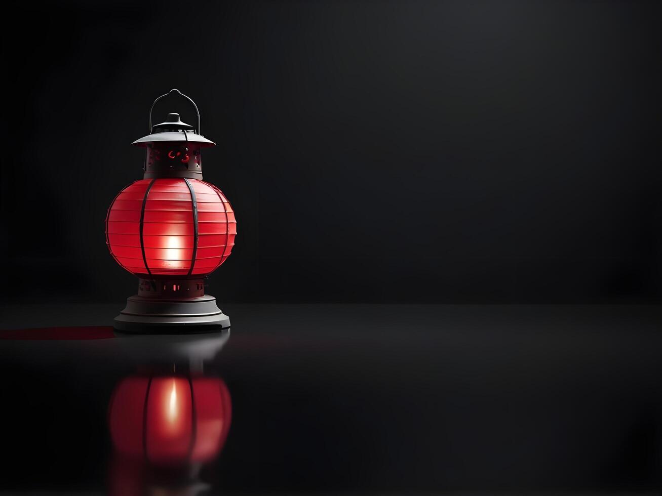 A single red lantern reflects gracefully on a dark surface, with ample space in the background for text placement. photo