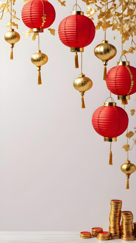 A plain backdrop with just a few red and gold decorations, such as lanterns and coins, offering space for text in the center. photo
