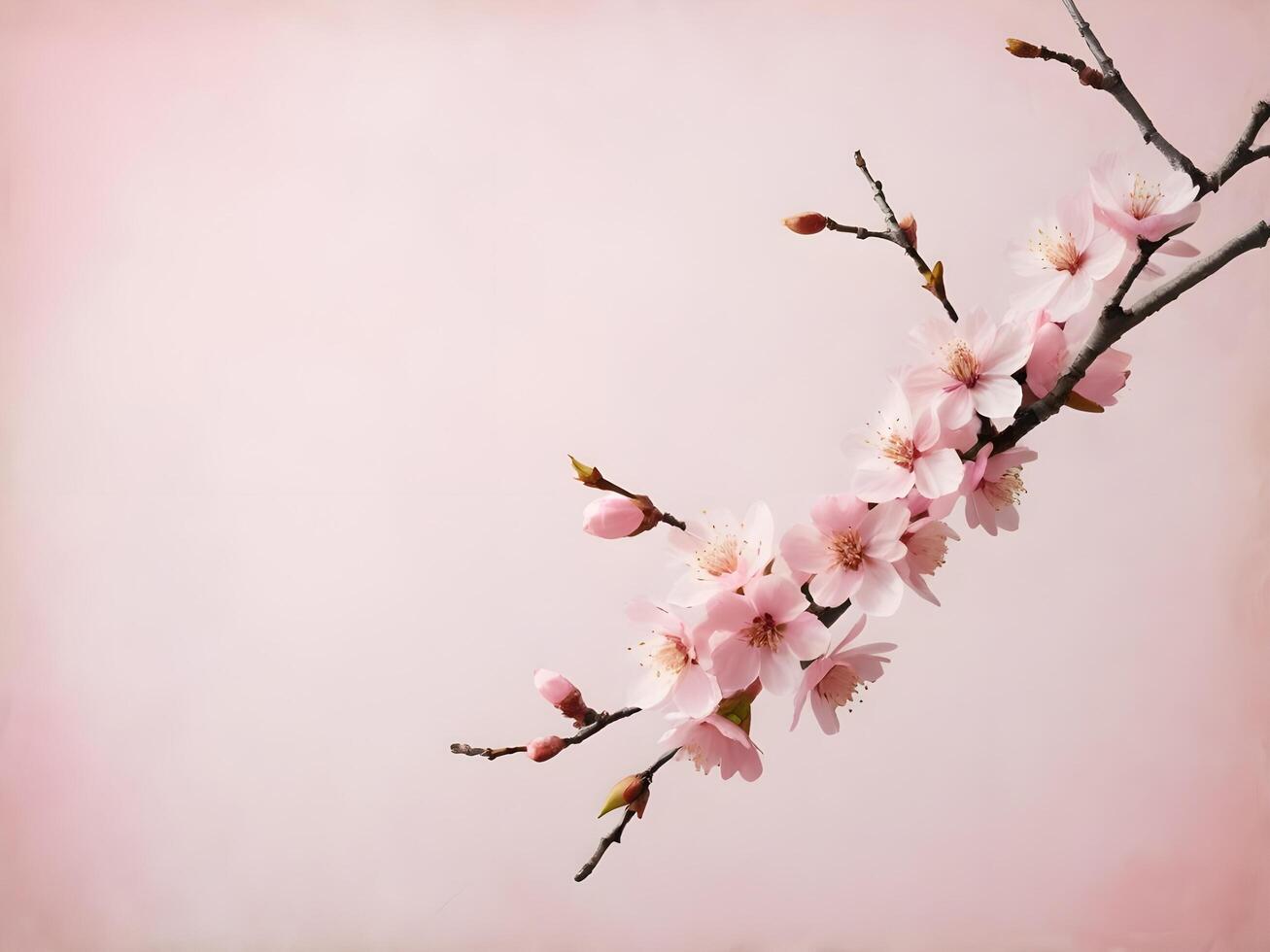 A gentle scene with a soft pink cherry blossom on textured rice paper, providing an open area for Chinese New Year greetings or branding. photo