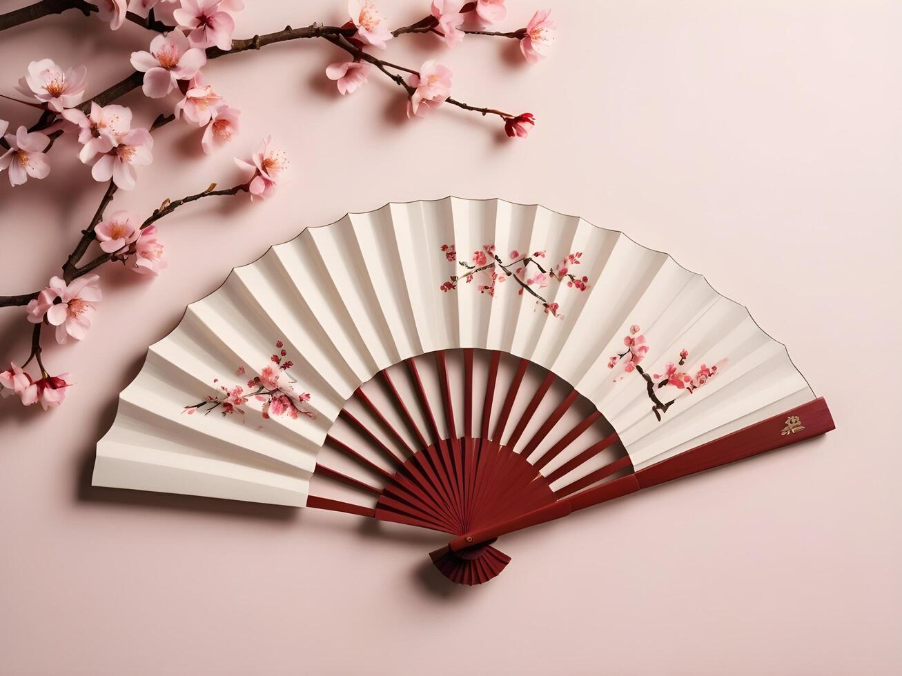 A traditional Chinese fan adorned with cherry blossoms, framed by a soft beige and light red background, leaving space for text. photo