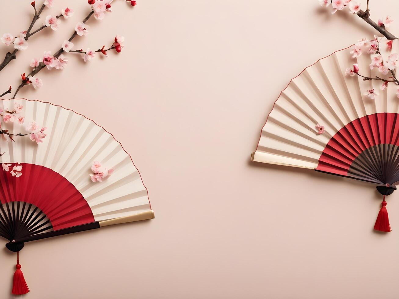 A decorative Chinese fan with cherry blossoms, set on a soft, subtle-colored background in shades of beige and light red, with space for text. photo