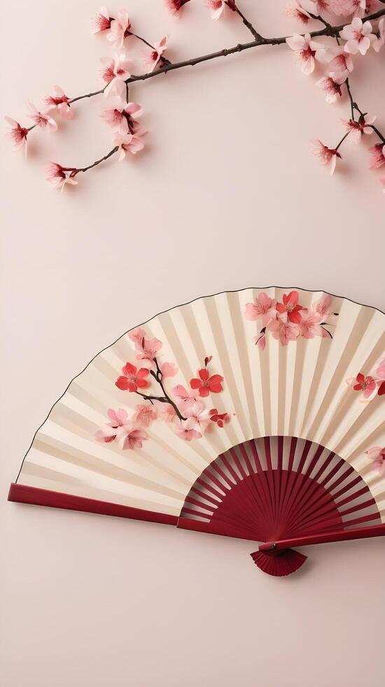 A classic Chinese fan featuring cherry blossoms, set against a gentle beige and light red backdrop, leaving room for text. photo