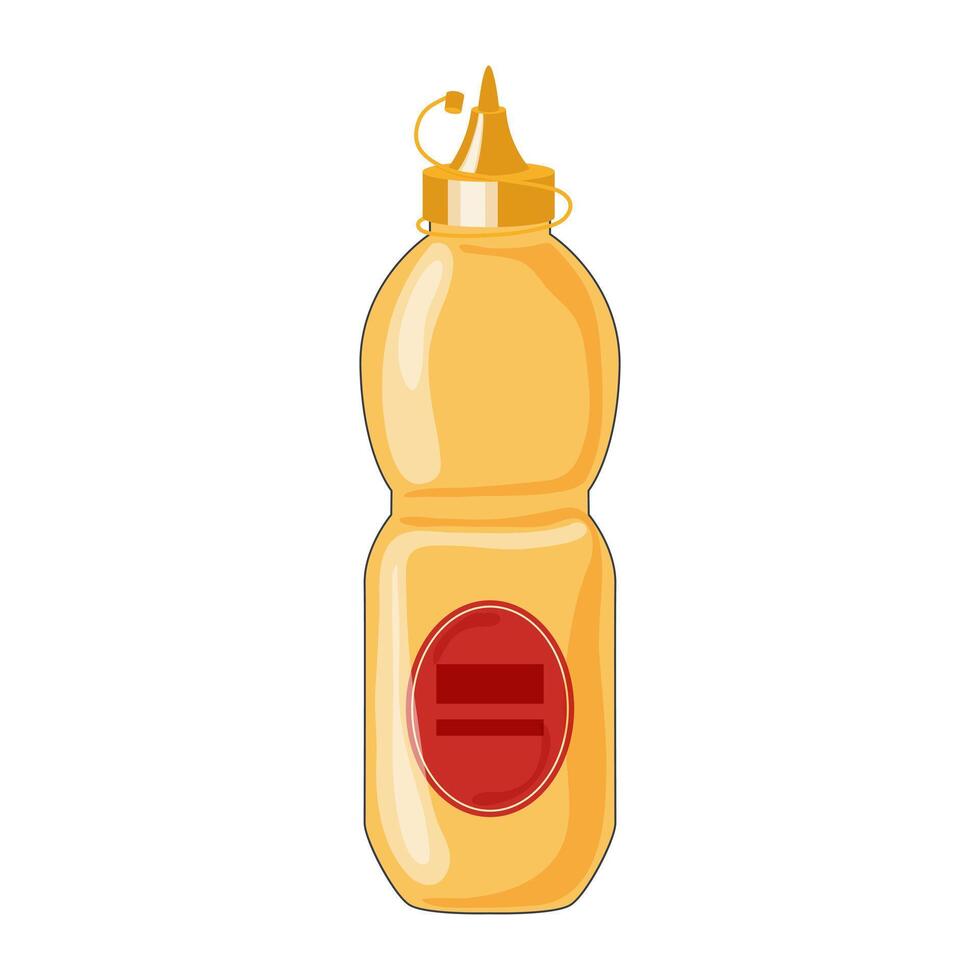 Mustard sauce in bottle in flat design. Hot condiment in yellow container. illustration isolated. vector