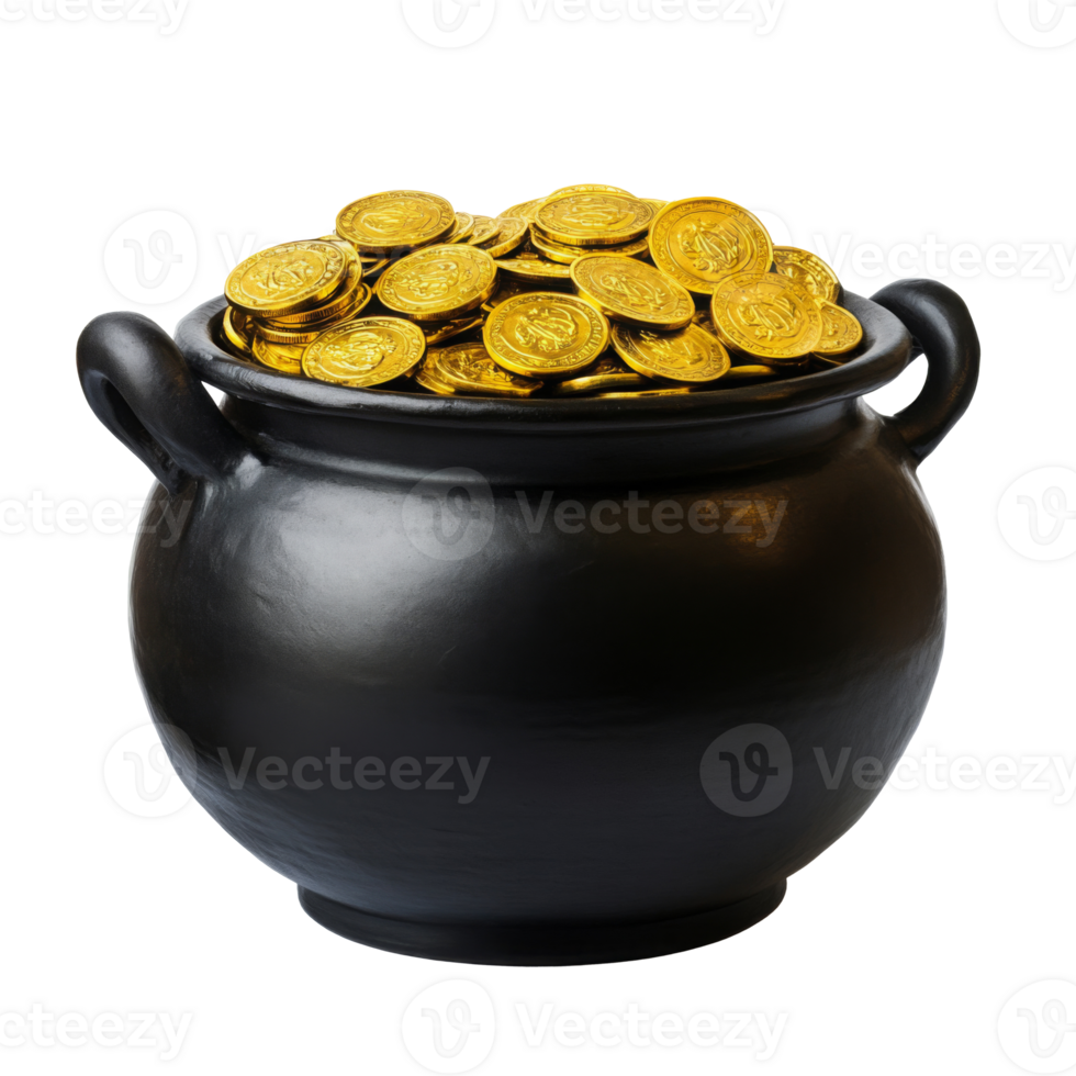 A black cauldron overflowing with golden coins symbolizing wealth and St. Patrick's Day png