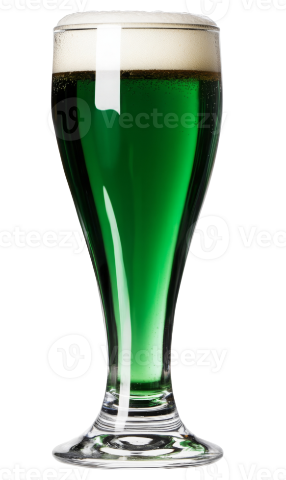 A tall glass of emerald green beer with a foamy head sits against a plain white background png