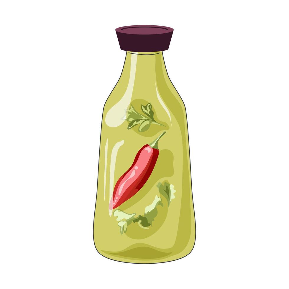 Hot sauce in bottle in flat design. Condiment with red pepper and herbs. illustration isolated. vector