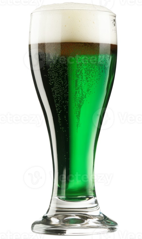 A glass of green beer with a thick white foam head, on a white background, St Patrick's Day png