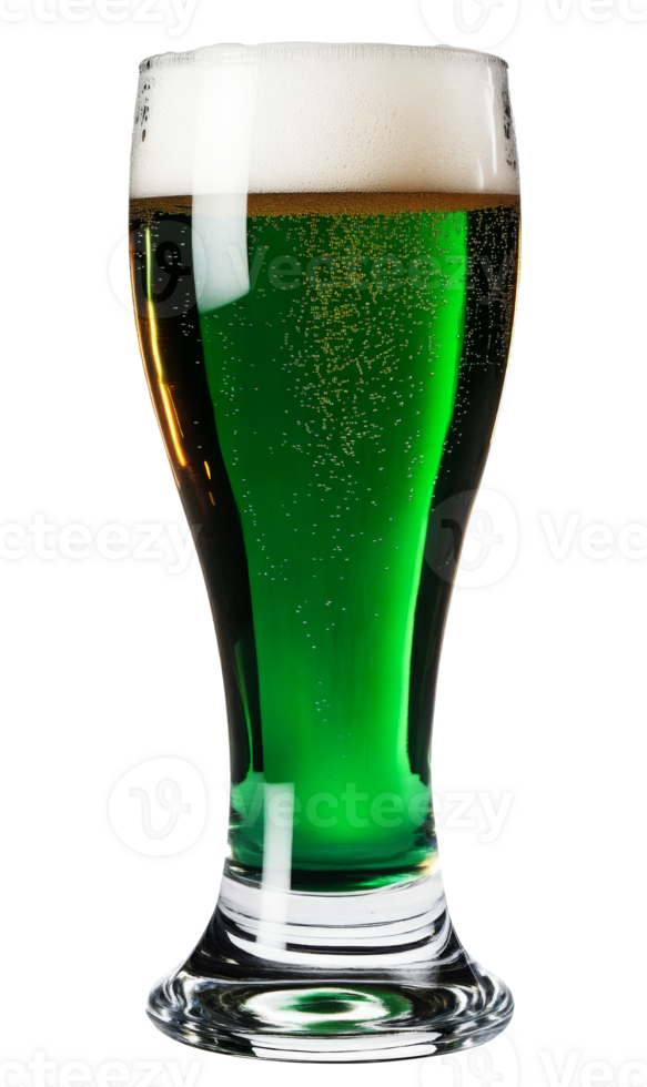 A Clear Glass Filled With Bright Green Beer And White Froth On Top Isolated on a White Backdrop png